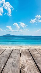 Fototapeta premium High-Resolution AI-Generated Wallpaper Featuring a Summer Beach and Ocean View with a Free Space Desk, Perfect for a Relaxing and Inspiring Background