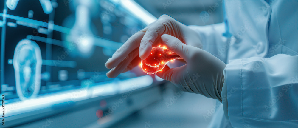 Poster a doctor is holding a red object in front of a computer monitor