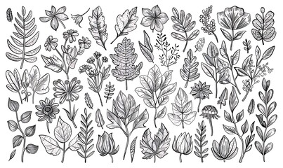 Fototapeta premium Botanical Illustration: A Collection of Hand-Drawn Leaves and Flowers