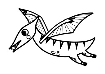 Cute flying pterodactyl in black and white isolated element. Funny dinosaur with wings of jurassic period for kids design. Prehistorical dino clipart in outline. Vector illustration  © juliyas