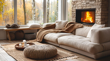 Obraz premium A cozy living room with a fireplace, comfortable sofa, and a warm blanket