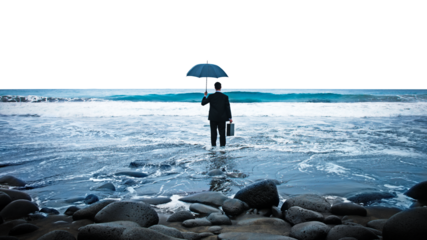 PNG Businessman standing with an umbrella in the ocean collage element, transparent background