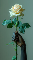White rose in hand with dark skin against grey background, floral minimalism still life fashion photography