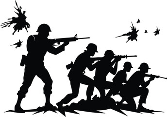 Soldiers in various shooting stances, such as prone, kneeling, and standing. Silhouette Vector Illustration 