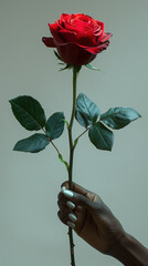 Rose with thorns held by a person with dark skin with white nails, close-up of red flower inside hand against grey background, isolated studio photography