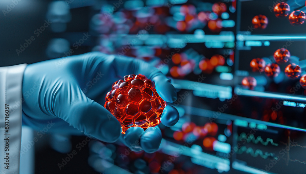 Poster a person is holding a red object in a lab setting
