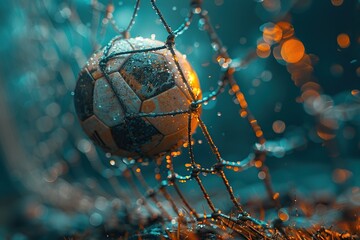 Soccer ball in the net of a goal. Generative Ai