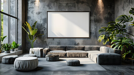 Modern Living Room Interior with a Blank Poster on the Wall, Stylish and Cozy Home Decor Design