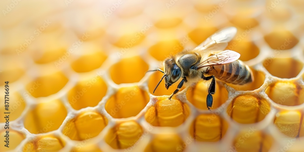 Poster macro photograph of bee on honeycomb captures intricate hive structure. concept macro photography, b