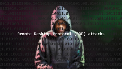 Cyber attack remote desktop protocol (rdp) attacks text in foreground screen, anonymous hacker hidden with hoodie in the blurred background. Vulnerability text in binary system code on editor program.
