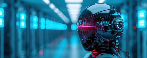 A robot with red eyes and a black helmet stands in a large room