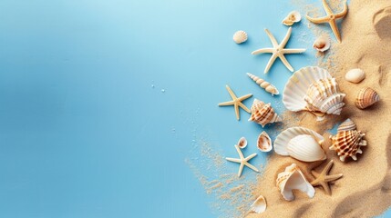 Obraz premium Seashells and sand on blue background with copy space