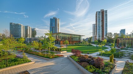 Fototapeta premium Modern City Park with Glass Building and Skyscrapers