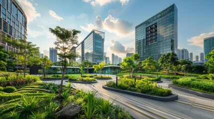 Modern Cityscape with Lush Greenery and Winding Pathways