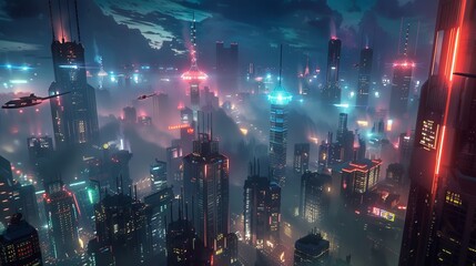 Obraz premium Futuristic cyberpunk cityscape with innovative skyscrapers, flying cars, and neon lights