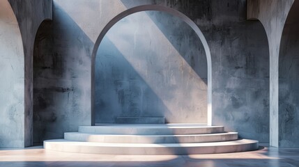 Concrete podium with arched walls and sunlight