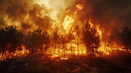 Forest fire engulfs trees in smoky inferno