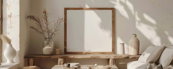 Stylish mockup of a wooden frame on a wall in a sunlit room with decor. Free copy space for text.