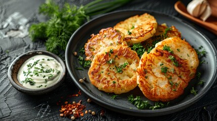 Crispy potato pancakes with garlic sauce