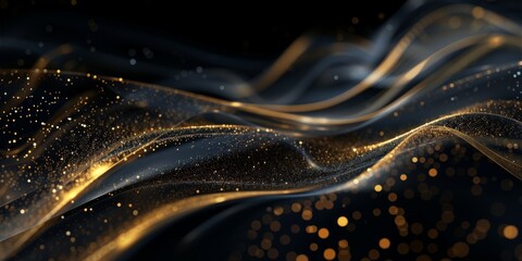 Abstract Golden Wave Background with Sparkling Particles on Dark Surface