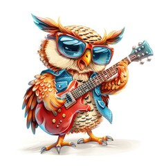 Hipster Owl Playing Electric Guitar in Denim Jacket - Cute and Trendy Animal Musician Illustration
