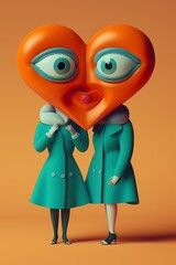 Fototapeta premium Two surreal, stylized characters with large eyes and heart motif, against a soft background. 