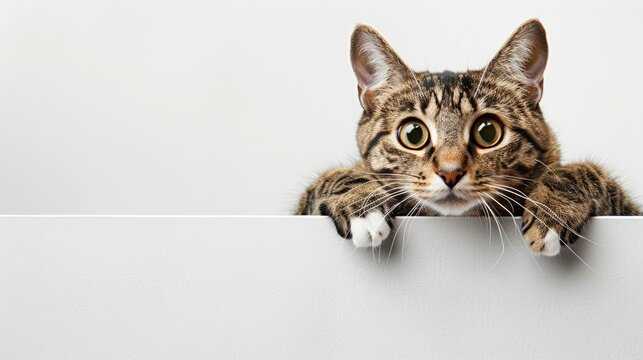 Pet cat holding poster on white background with space for text