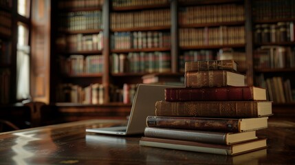 Antique Books and Modern Laptop in Historic Library With Wooden Shelves and Natural Light