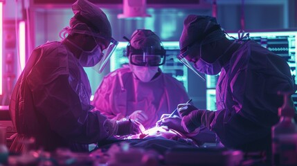 Surgeons performing an operation in a brightly lit room with advanced equipment and vibrant pink lighting.