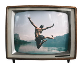 Png man jumping by a lake sticker, travel on retro television, transparent background