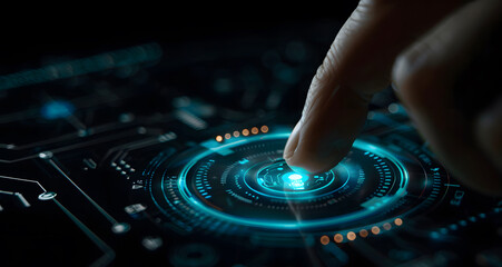 Obraz premium Biometric identity fingerprint scanner for personal financial access, digital application security, and cyber security concept design