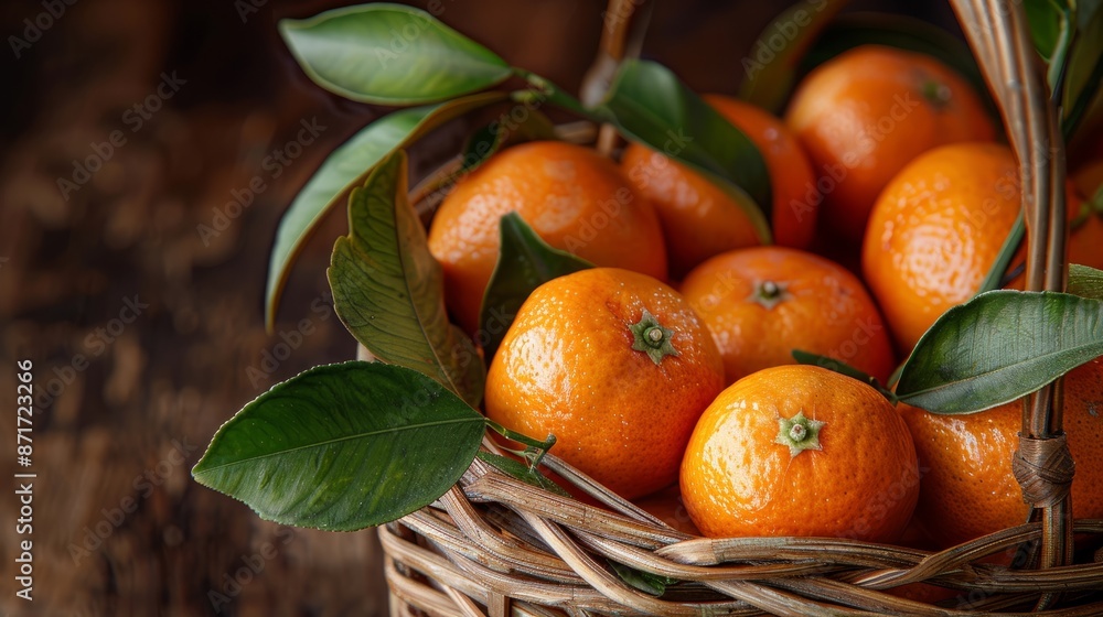 Poster close up of tangerines in a wicker basket