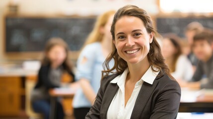 Confident Female Teacher Smiling in Classroom with Students in Background