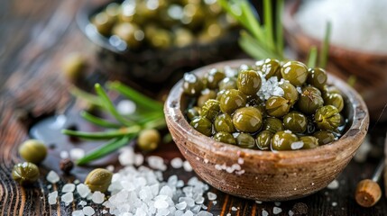 Pickled capers with sea salt and rosemary on a wooden table
