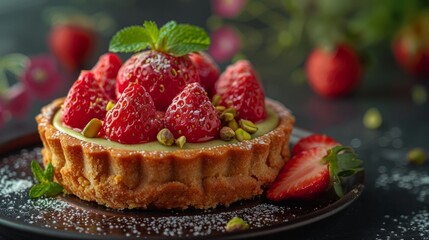 Pistachio cream and strawberry tartlet