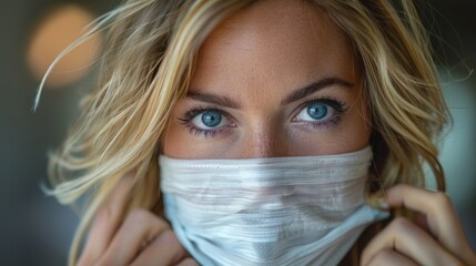 Woman adjusting diy face mask for covid protection