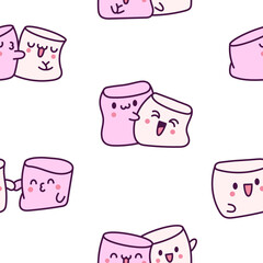 Kawaii marshmallow cute face character. Seamless pattern. Cartoon happy food. Hand drawn style. Vector drawing. Design ornaments.
