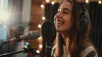 Young woman smiling while recording a podcast in a cozy home studio with professional equipment. Generative ai