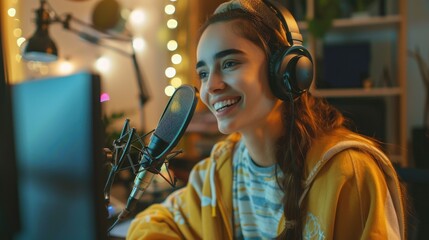 Young woman smiling while recording a podcast in a cozy home studio with professional equipment. Generative ai