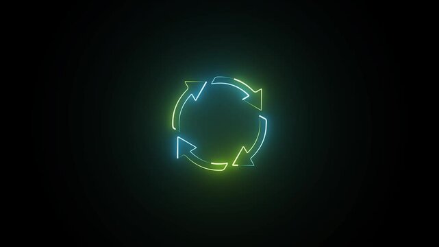Glowing neon line rotation, circle arrow, refresh, reload animation on the black background. rotation arrow icon symbol sign animation.
