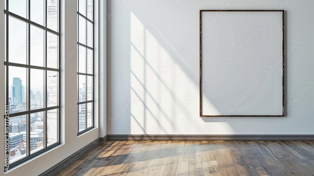Poster minimalistic bright empty room with large windows and blank canvas frame on wall. modern interior wi