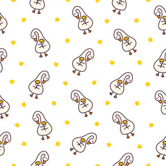 Funny goose characters. Seamless pattern. Cute cartoon kawaii duck. Hand drawn style. Vector drawing. Design ornaments.