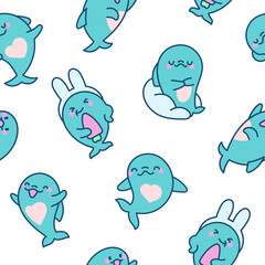 Funny dolphin characters. Seamless pattern. Cute cartoon kawaii sea animal. Hand drawn style. Vector drawing. Design ornaments.
