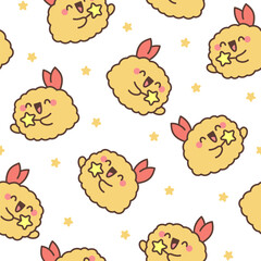 Cute happy kawaii tempura shrimp. Seamless pattern. Funny cartoon food character. Hand drawn style. Vector drawing. Design ornaments.