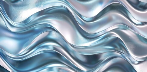 Fototapeta premium Iridescent silver abstract wavy marble or tiger stripe background texture. Holographic metallic mirror foil pastel prism light effect. Retro 80s vaporwave mirror foil 3D rendering.