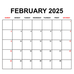 february 2025 with holydays or red dates. monthly calendar design with week starts on sunday. printable, simple, and clean vector design isolated on white background.