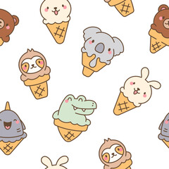 Cute animals with ice cream in waffle cone. Seamless pattern. Cartoon funny food dessert. Hand drawn style. Vector drawing. Design ornaments.