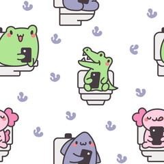 Cute animal pooping on toilet with phone. Seamless pattern. Funny cartoon characters. Hand drawn style. Vector drawing. Design ornaments.