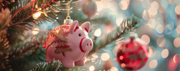 Christmas piggy bank ornament hanging on a decorated tree branch. Free copy space for text.