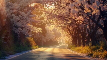 Landscape of A Road with Cherry Blossom Trees